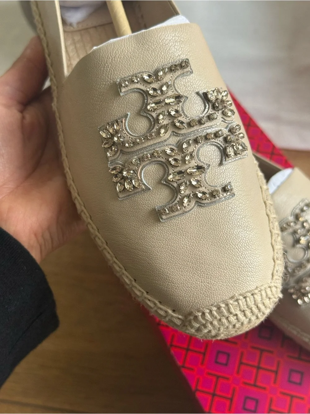 Tory Burch Beige Leather Espadrille Flats with Crystal Logo